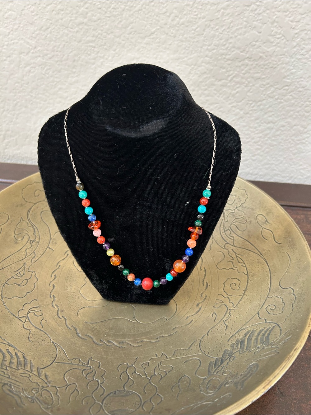 Hands crafted Multicolor Bead Sterling Slivers Strand Necklace